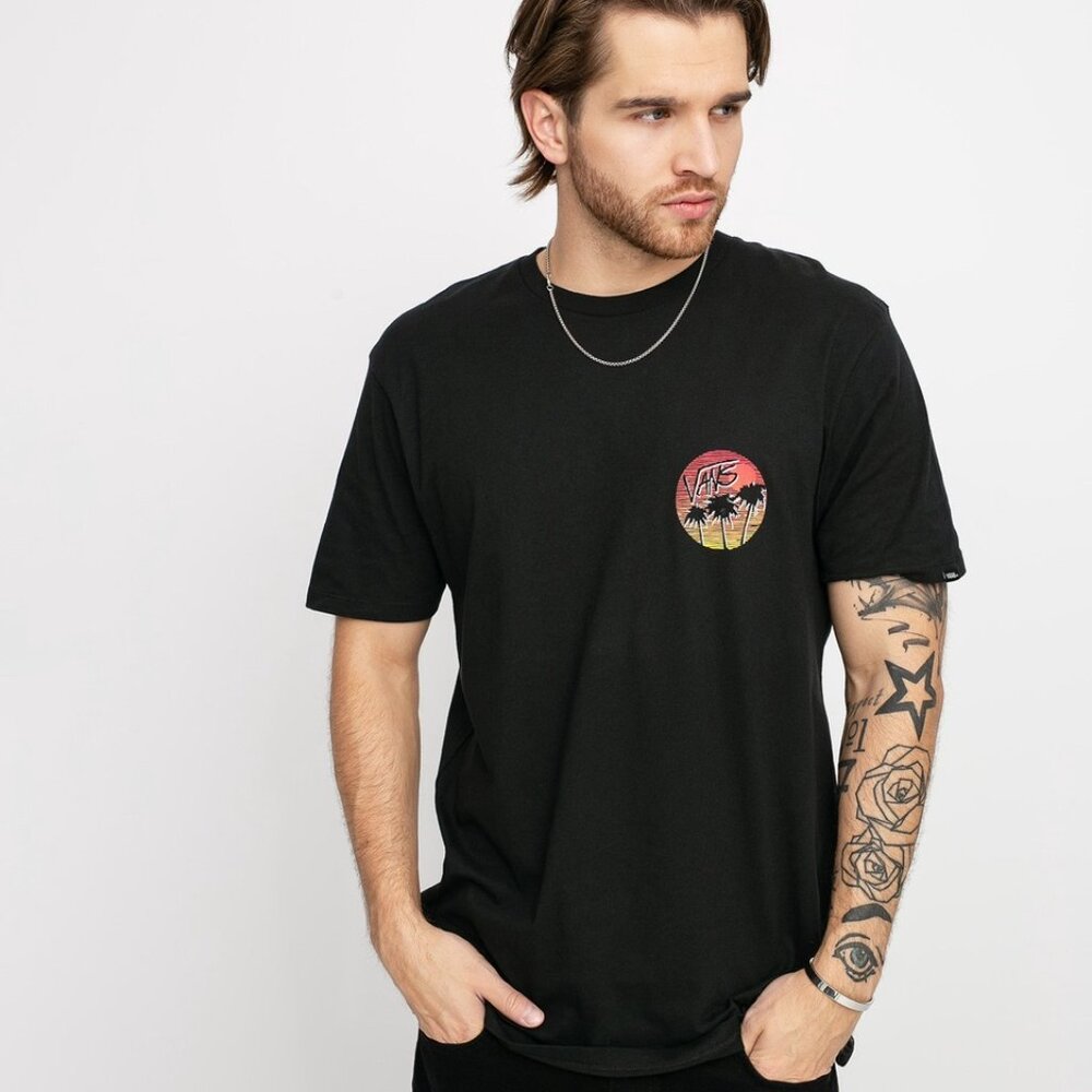 90s Vintage Vans Black Graphic T Shirt Small Sunset Palm Tree Logo